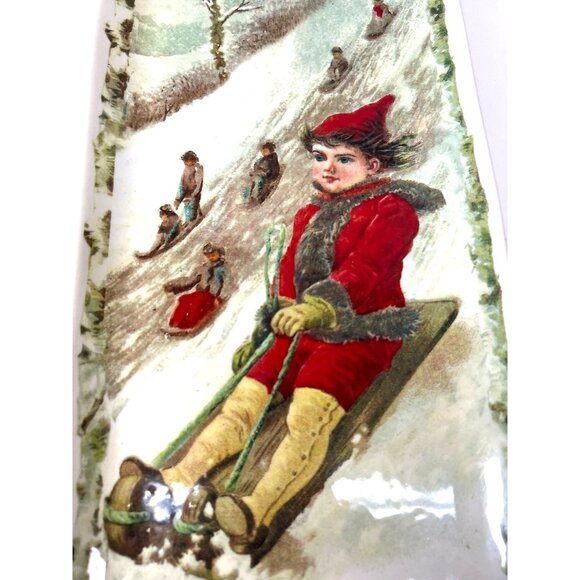 Vintage Magenta Exclusive Rectangular Winter Sledding Scene Tray Christmas - Picture 2 of 6